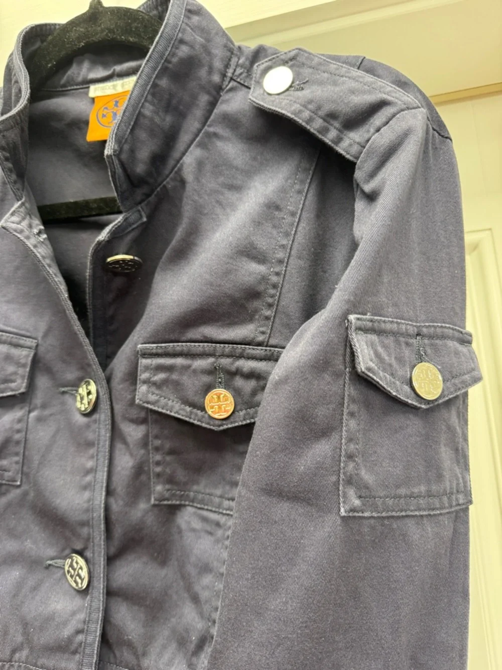 Tory Burch Dark Navy Utility Jacket with Silver Logo Buttons
